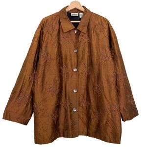 CHICOS Silk Tunic Top Oversized Beaded Embroidered Copper Brown